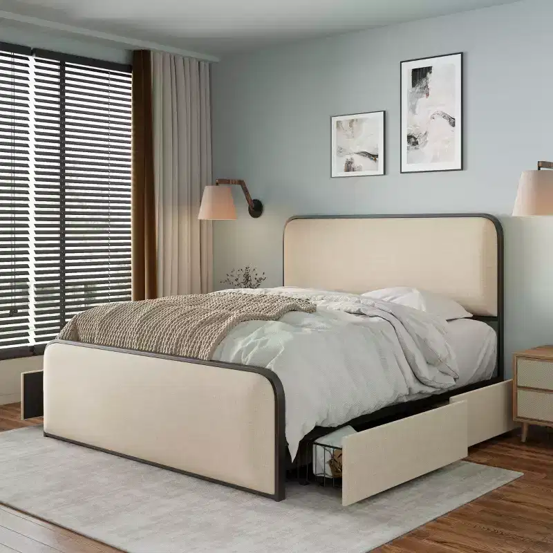 Whisen King Modern Metal Bed Frame with Upholstered Headboard and 4 Drawers - Beige