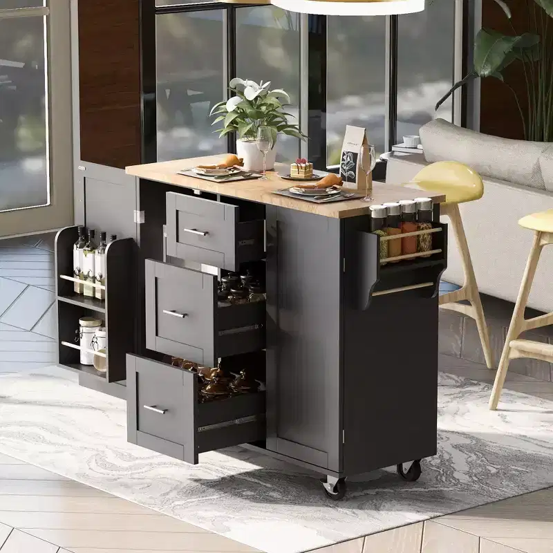 Okak Kitchen Island with Rubber Wood Top, Rolling Kitchen Island with 2 Slide-Out Shelf and Internal Storage Rack, Kitchen Cart with Spice Rack