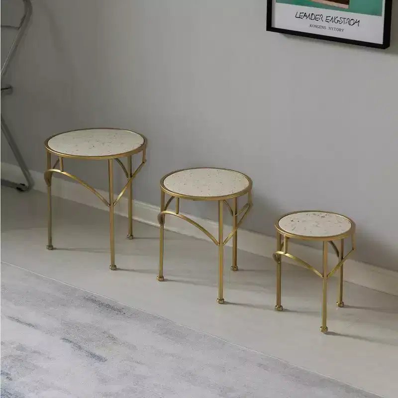 Uniquewise Decorative Gold Metal Plant Stand, Modern White Marble Look Top Display End Side Table, Set of 3