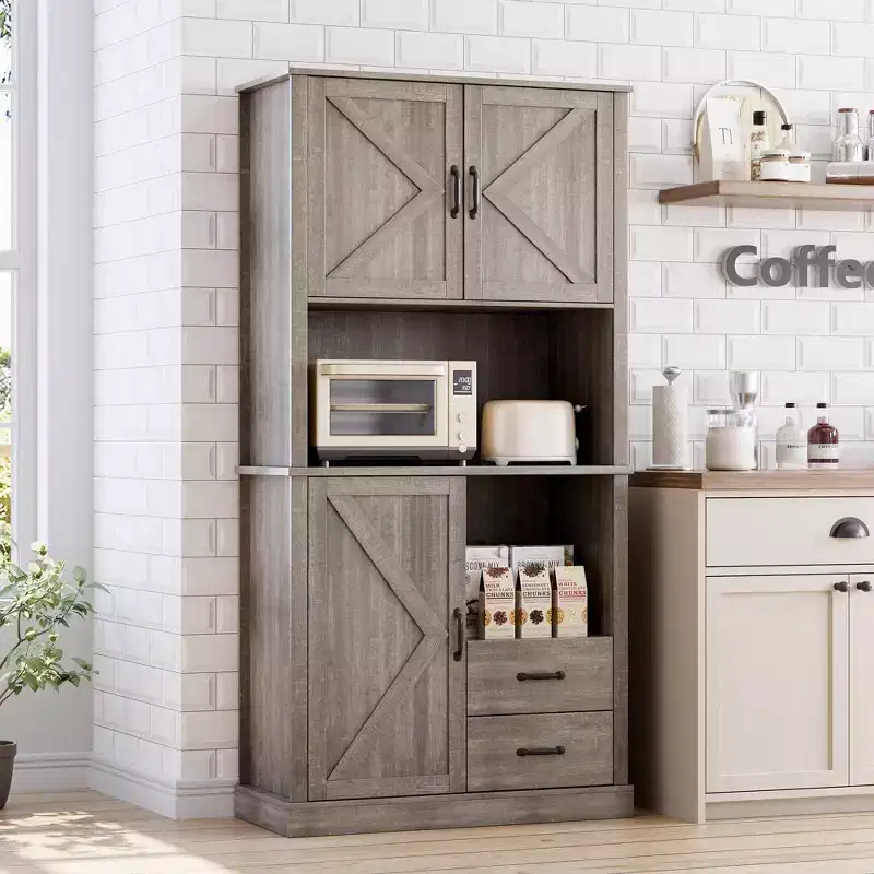 Tall Freestanding Pantry Cabinet with 2 Drawers, 3 Cabinet Doors and Open Microwave Shelf