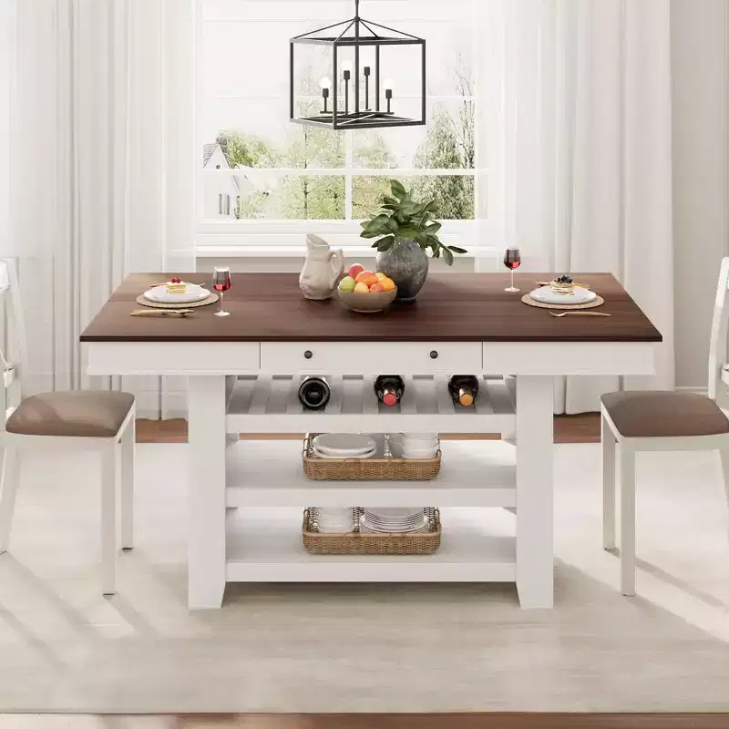 60 Counter Height Wood Dining Table for 4-6,Kitchen Island with Wine Rack & 2 Drawers,4-Tier Stationary Table for Dining Room & Kitchen