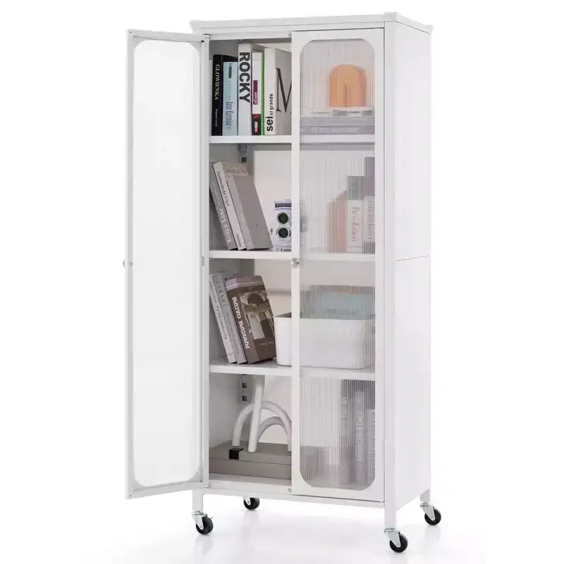 Costway Storage Cabinet with Wheels & 2 Translucent Doors Adjustable Shelves Sideboard 24 x 14.5 x 58