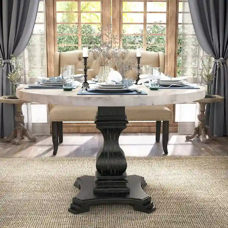 Brec Farmhouse Marble Top 5-Piece Round Dining Table Set with Tufted Chairs by Furniture of America