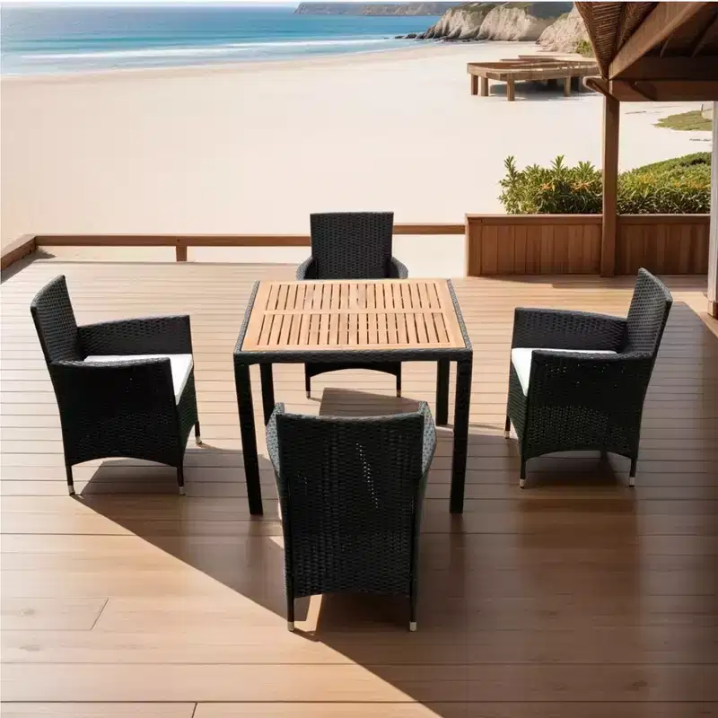 Whisen 7 Piece Outdoor Patio Wicker Dining Set with Acacia Wood Table Top, 6 Chairs