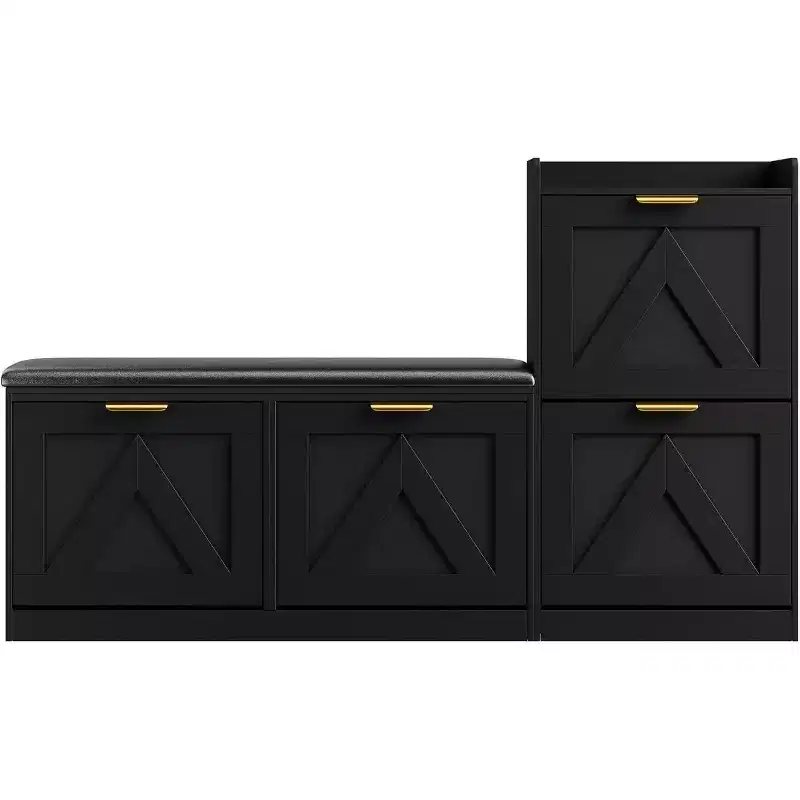 Farmhouse Shoe Cabinet with Bench and 4 Flip Drawers, Shoe Storage Cabinet with Bench and Comfort Cushion, Entryway Shoe Organizer