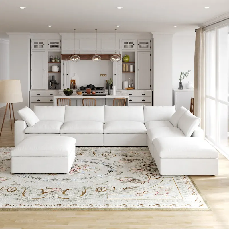 Grey / Black / White, U-Shape Modular Sectional Sofa with Ottoman, Seats 6