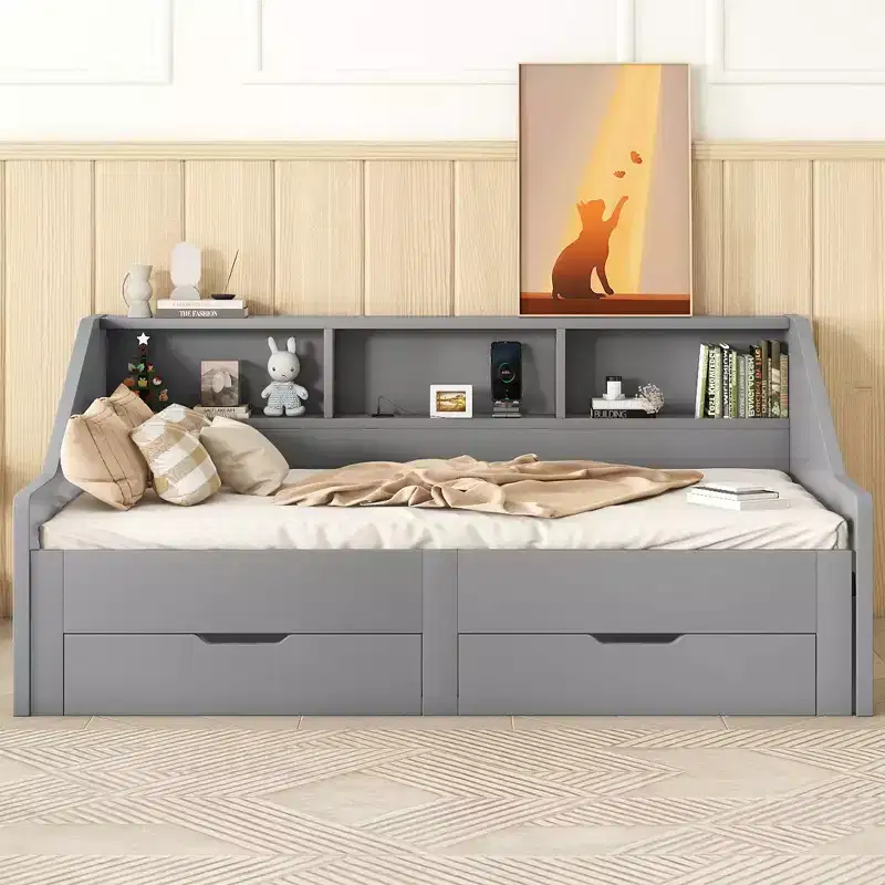 Twin to King Expandable Daybed with USB Ports, Storage Bookcases and 2 Drawers, White/Gray