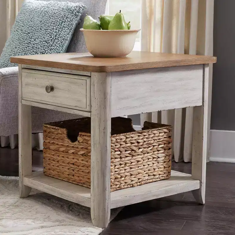 Liberty Furniture,Farmhouse Reimagined End Table with Basket in Antique White w/ Chestnut Top
