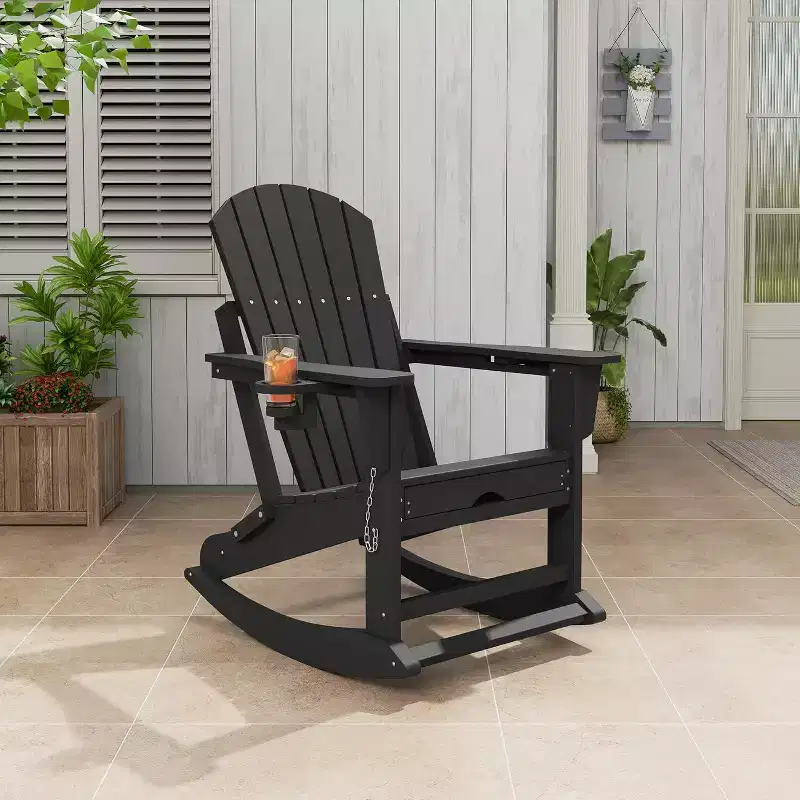Adirondack Outdoor Rocking Chairs for Porch, Folding Adirondack Rocker Chair With Two Cup Holders, HDPE All Weather Outdoor Adirondacks Rocking Chair