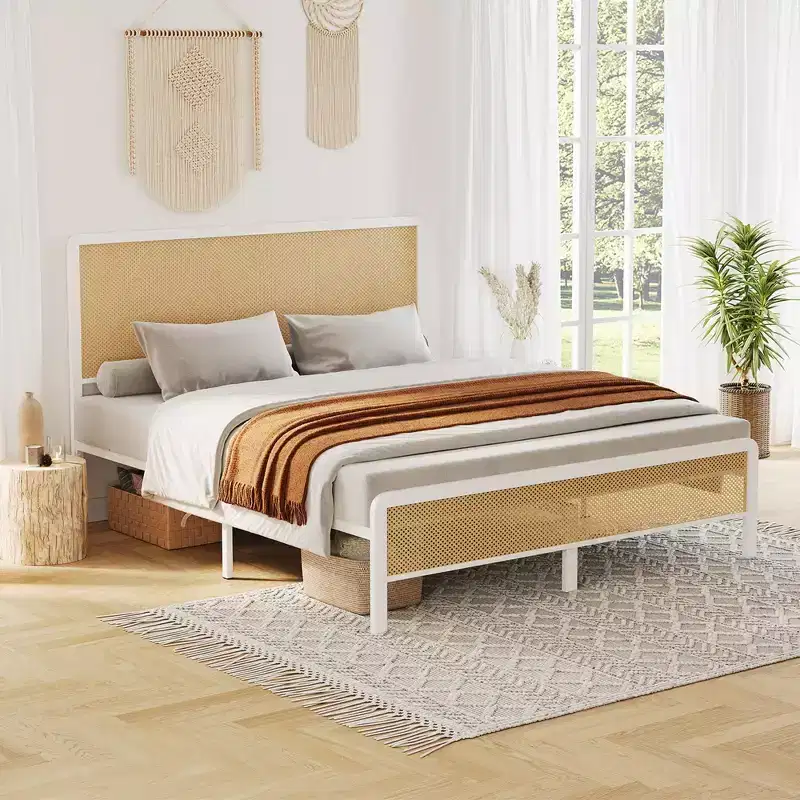Rattan Platform Bed Frame with Headboard, Modern Boho Cane Style, Heavy Duty Metal Frame, Steel Slats, No Box Spring Needed, White