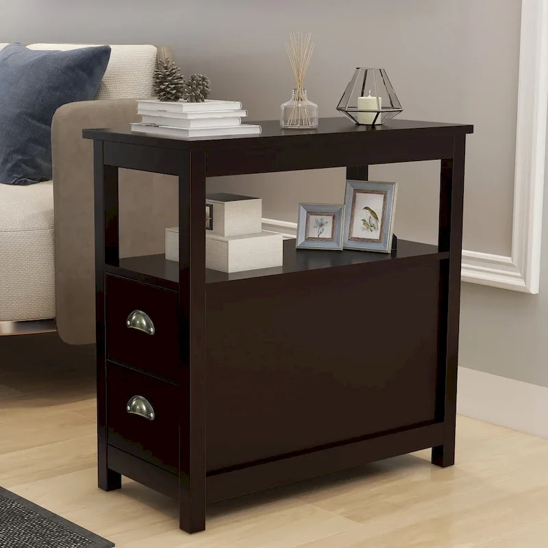 End Table Narrow Nightstand With Two Drawers And Open Shelf
