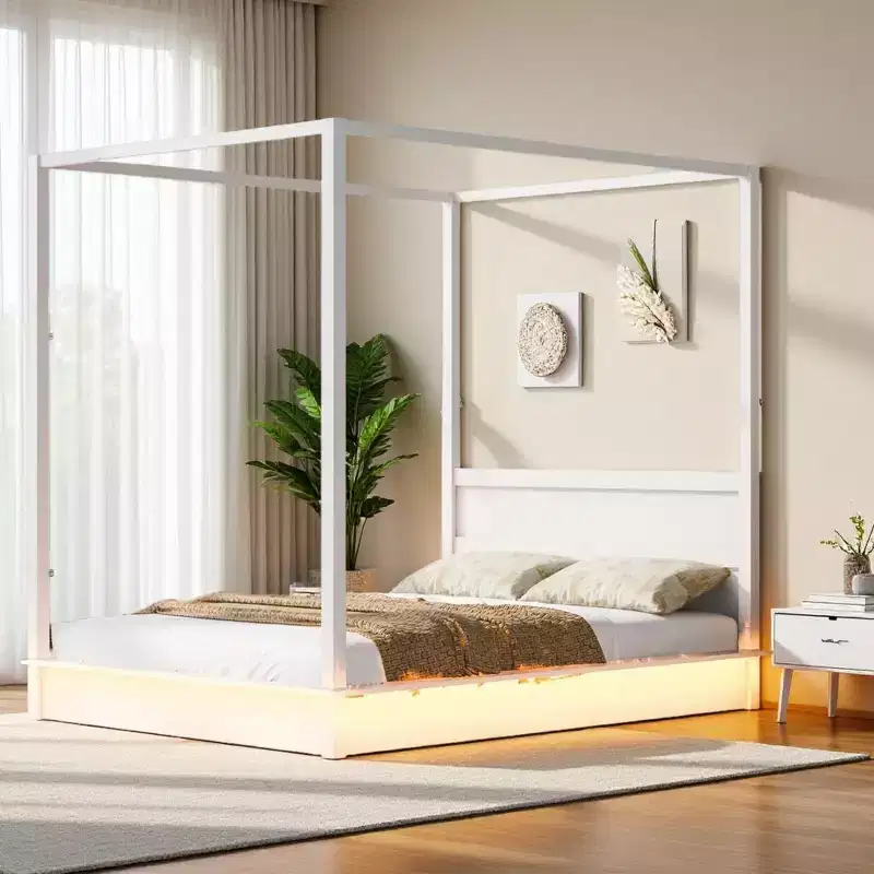 Modern LED Canopy Platform Bed Frame with Slats and Headboard