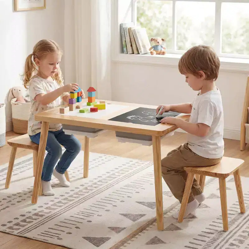 Costway Sensory Table Kids Table and Chairs Set with Detachable Double-Sided Tabletops Natural + White + Black/Gray