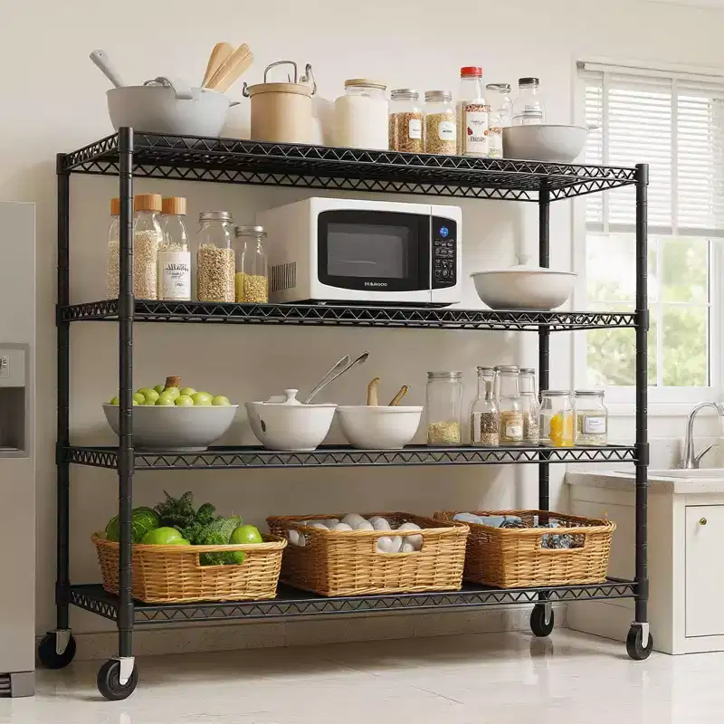 Adjustable Metal Shelf, Utility Storage Rack with Wheels, Heavy Duty Layer Rack for Laundry Restaurant Garage Pantry Kitchen Garage
