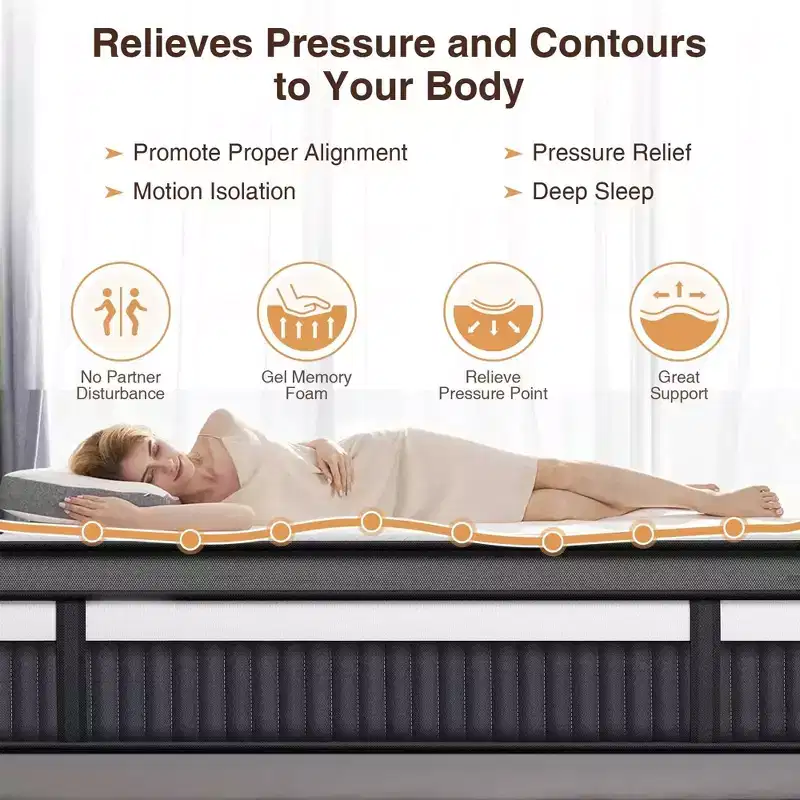 14 Inch Queen Mattress in a Box, Cooling Gel Memory Foam with Pocket Springs, Medium Firm, Pressure Relief, Motion Isolation, CertiPUR-US Certified