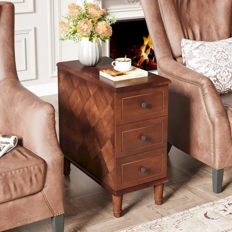 Fully Assembled Narrow End Table, Solid Wood Side Table with 3 Drawers, Vintage Nightstand Slim Bedside Table for Small Spaces