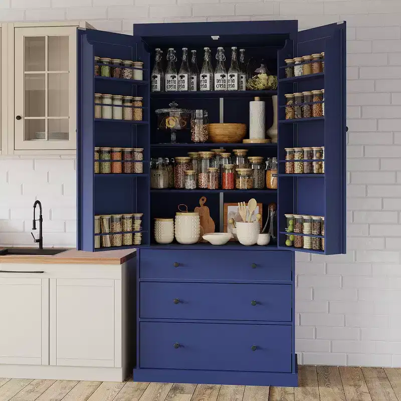 Freestanding Kitchen Pantry Organizer Cabinet, 3 Adjustable Shelves, 3 Drawers, 8 Door Shelves