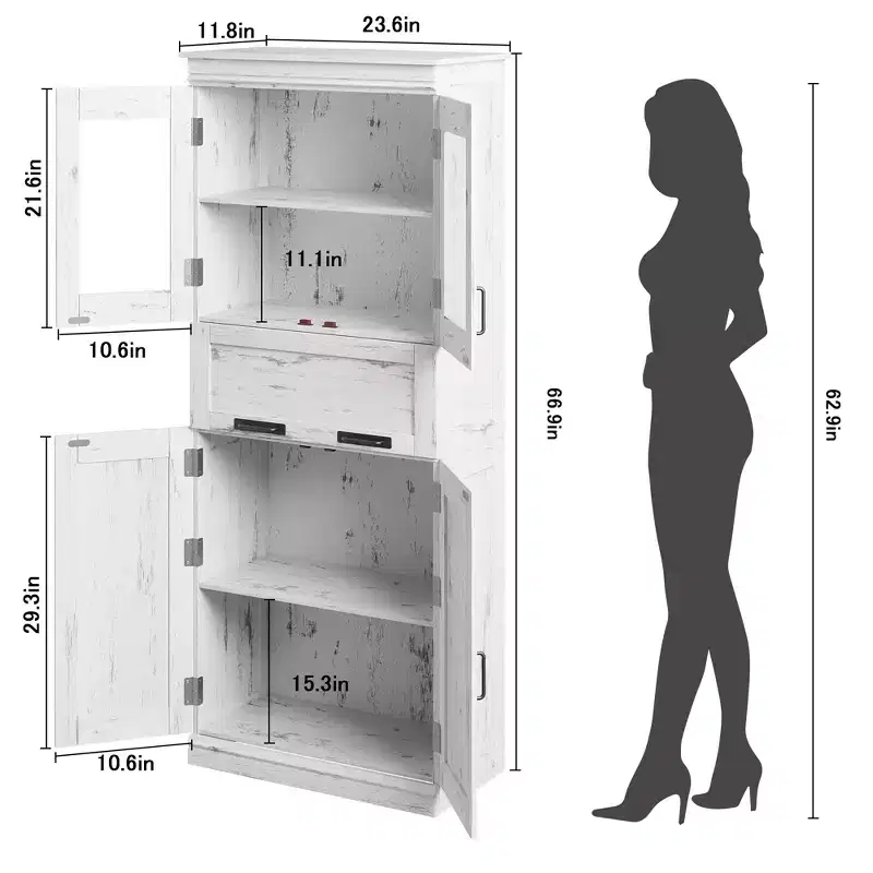 67 Tall Kitchen Pantry Cabinet, Freestanding Bathroom Cabinet, Wooden Cupboard with Drawer and Adjustable Shelves, Coffee Bar Floor Cabinet