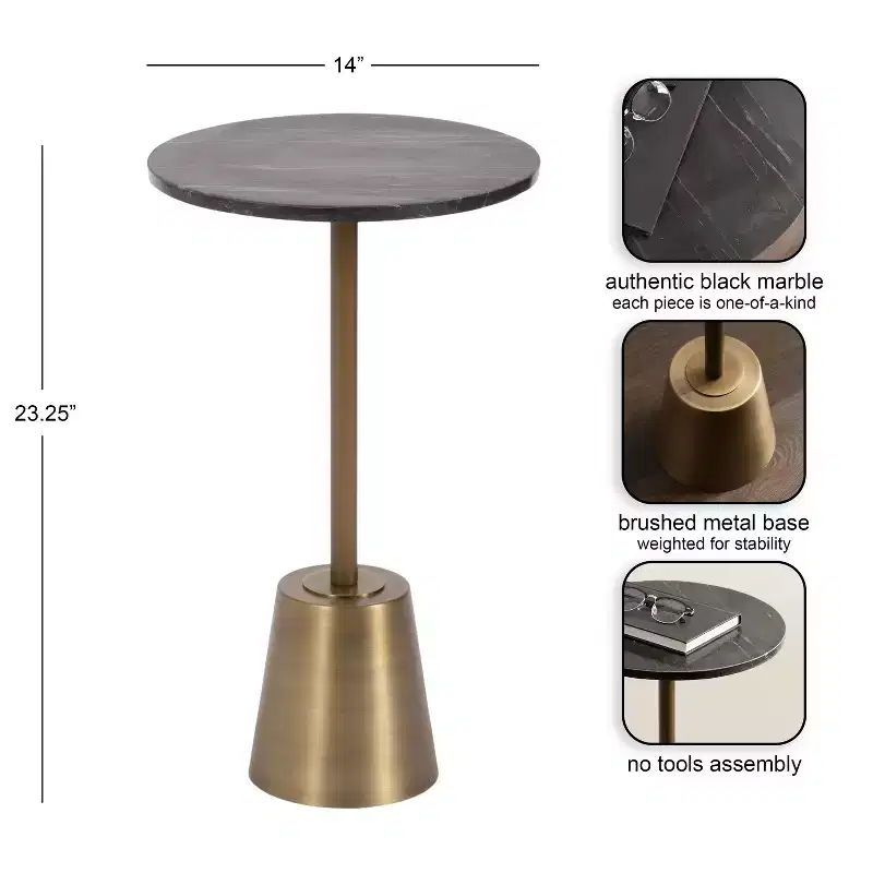 Kate and Laurel Tira Round Marble and Metal Side Table, Black, 14x14x24
