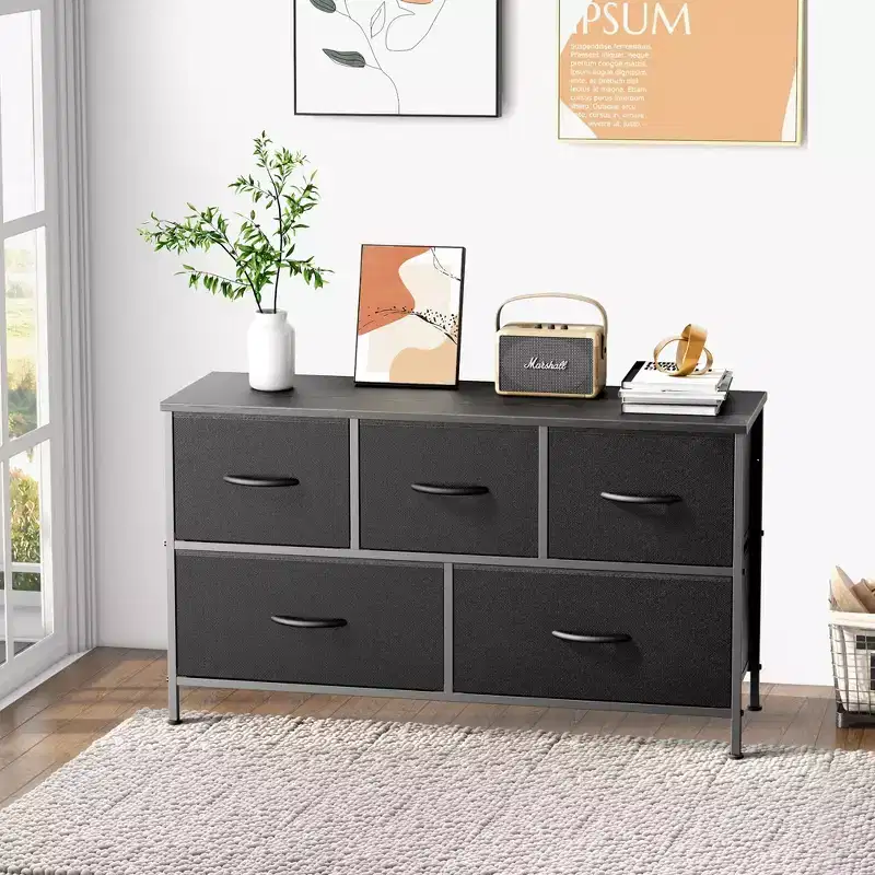 5-Drawer Fabric Dresser Storage Unit Side Table with Metal Frame