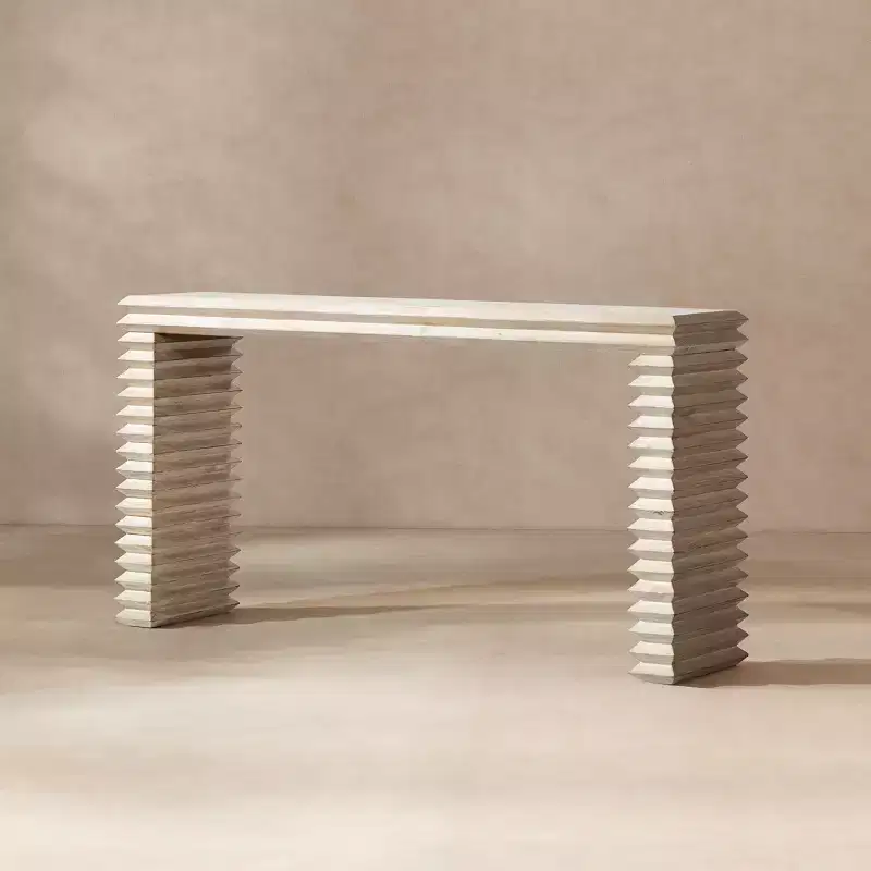 Jennifer Taylor Home Veda 63 Reclaimed Wood Stacked Geometric Waterfall Console Table, Whitewashed Natural Reclaimed Pine Wood
