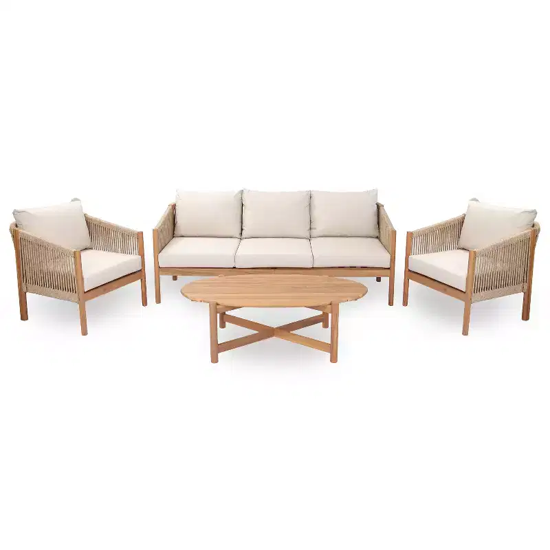 Christopher Knight Home Adewale Modern 4 Piece Patio Acacia Set with Cushion, Slatted Table and Rope Design