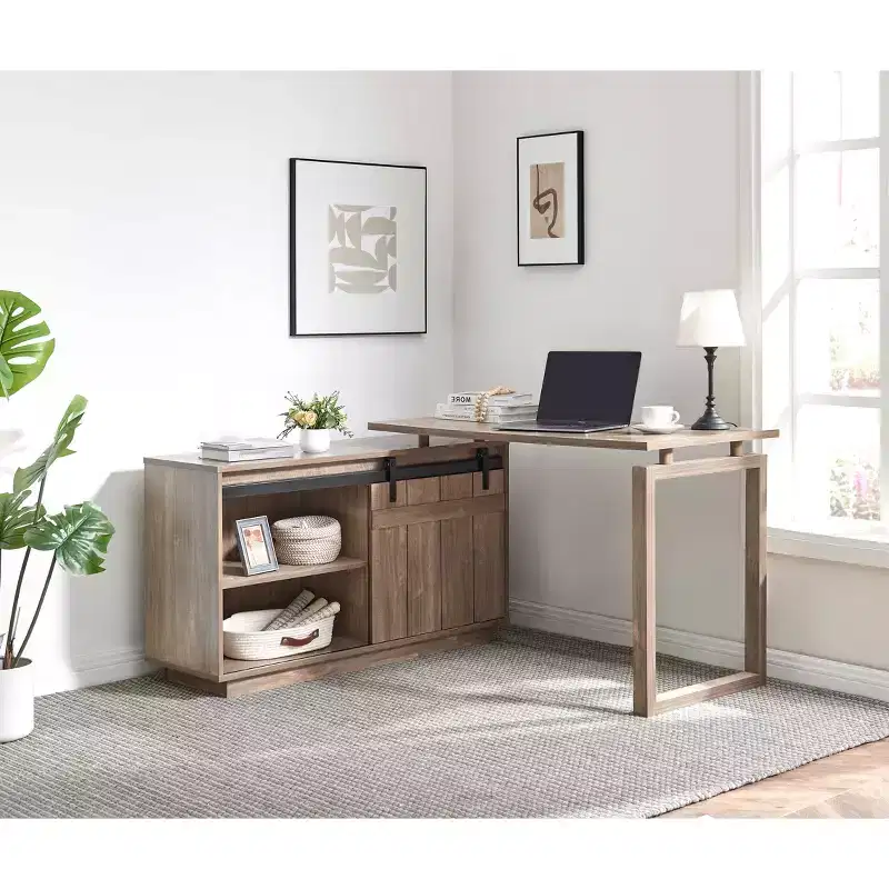 TUYOHW 47.25 L-Shaped Desk,Workstation with Sliding Barn Door Credenza,Reversible Home Office Desk,Finished Back Floating Workstation