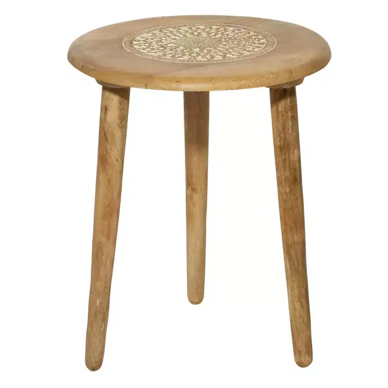 Traditional Mango Wood Carved Tripod Accent Table, Brown, Handcrafted