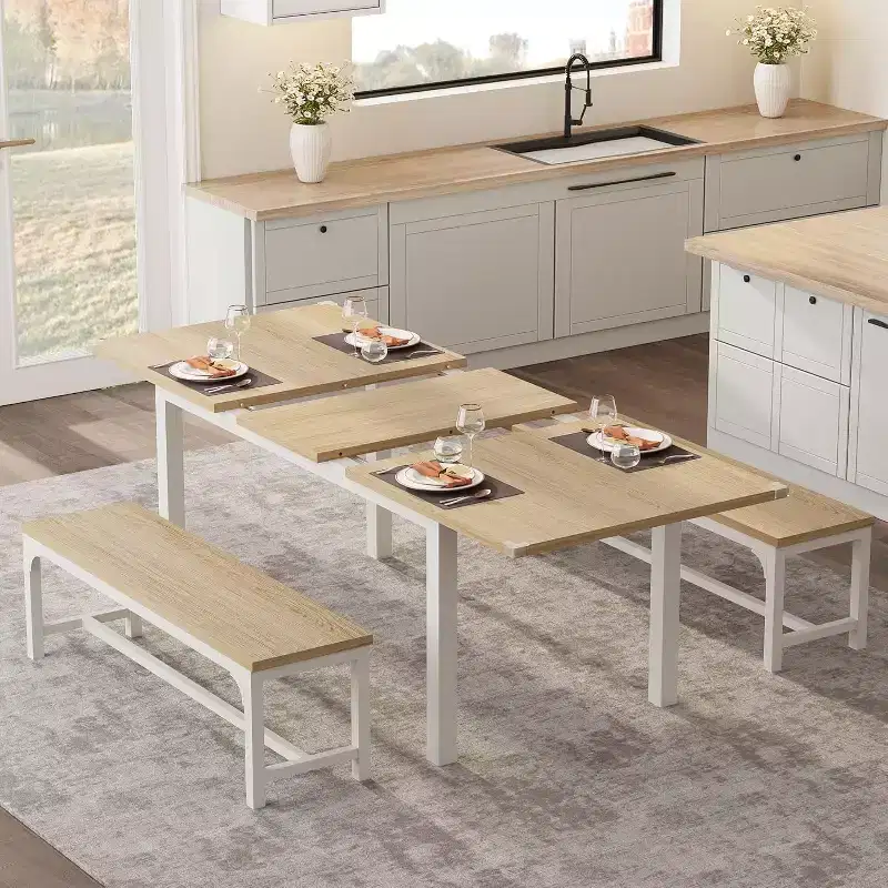 63 Large Extendable Dining Table Kitchen Table for 6-8, with Sturdy Metal Frame, Saving Space for Kitchen, Dining Room, Apartment