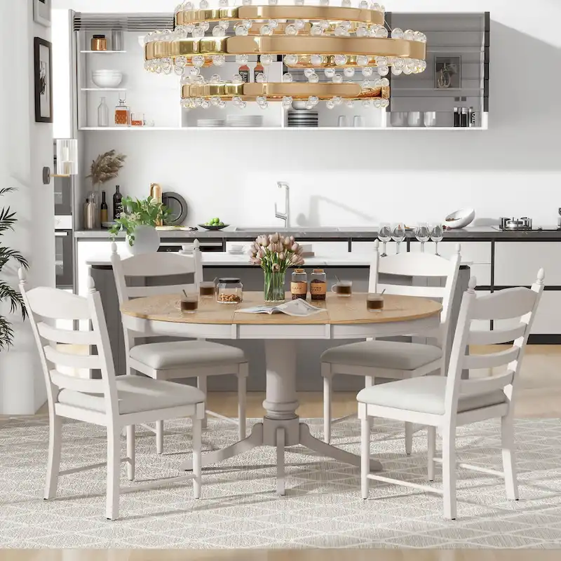 5-Piece Dining Table Set Round Extendable Dining Table and 4 Chairs