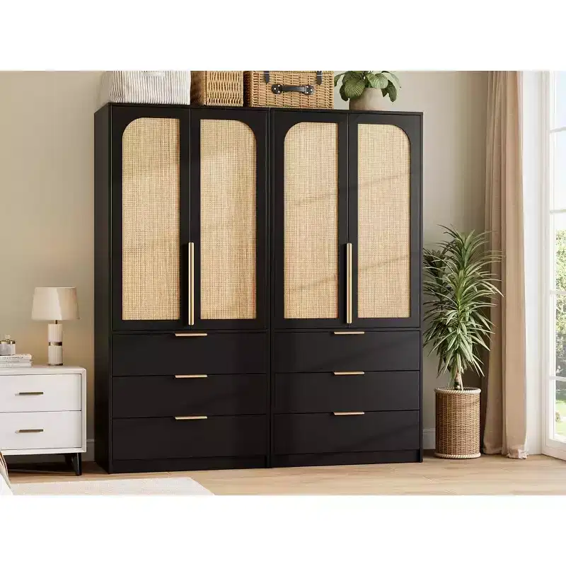 Rattan Armoire Wardrobe Closet with 3 Drawers & 2 Doors, Tall Wooden Wardrobe for Hanging Clothes, Bedroom Storage Cabinet