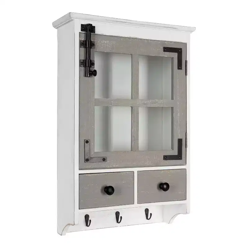 Hutchins Decorative Farmhouse Wood Wall Cabinet White/Gray - Kate & Laurel All Things Decor: Entryway Storage with Hooks