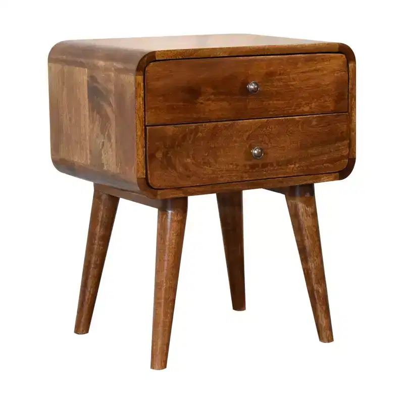 Modern Mango Wood Curved Nightstand with 2 Drawers