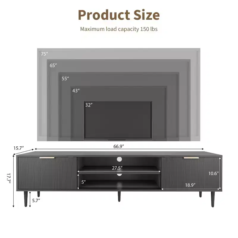 Black TV Stand, Modern Mid Century Entertainment Center with 2 Large Storage Cabinets, Media Console Table, Soft Hinge, Metal Handle Door