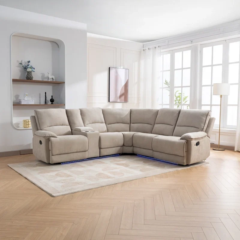 94.8 Modern Manual Reclining Living Room Furniture Set with USB Ports, Hidden Storage, LED Light Strip and 2 Cup Holders, Cream