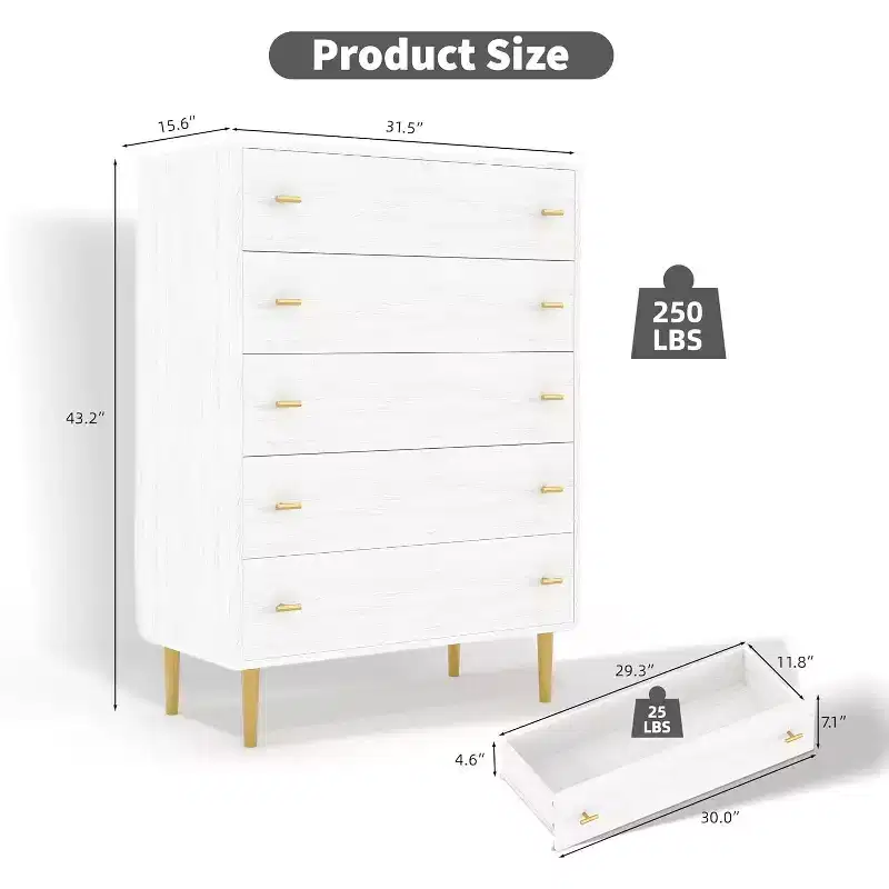 Dresser for Bedroom, 44 Tall Dresser with 5 Drawers, Chest of Drawers with Storage, Vintage Wood Dressers for Closet, Living Room, Hallway
