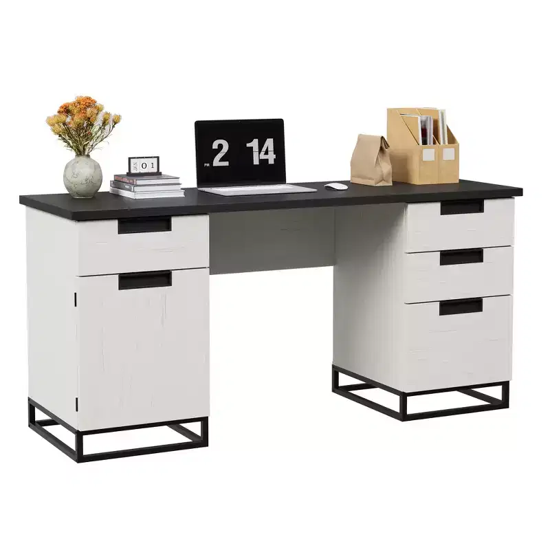 59 Farmhouse Executive Desk, Home Office Desk with File Drawer and Storage Cabinet, Wooden Computer Table with 3 Drawers for Work and Study