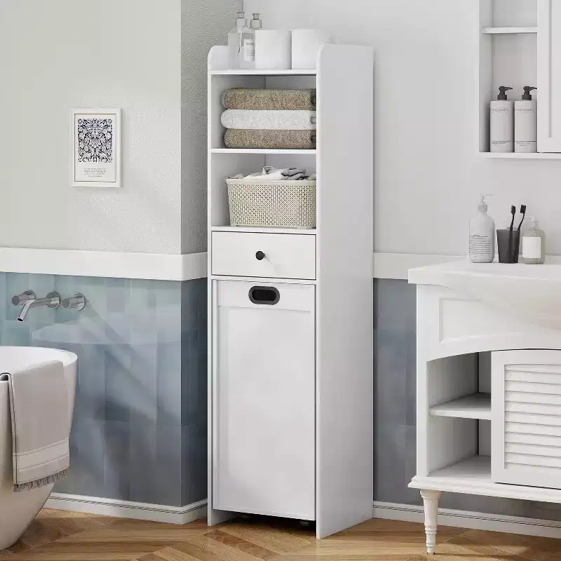 Bathroom Storage Cabinet, Free Standing Storage Cabinet with Pull Out Movable Laundry Hamper Basket, Tall Cabinet with Shelves and Drawer