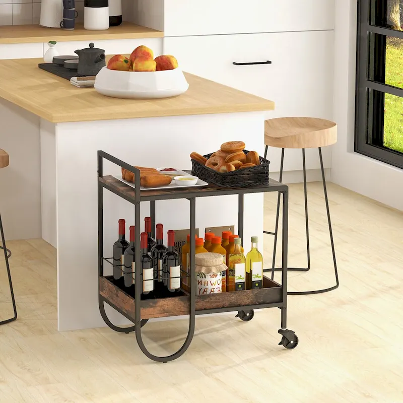 Rolling Buffet Serving Cart with Removable Metal Wire Wine Rack-Brown - 24 x 17 x 29 (L x W x H)