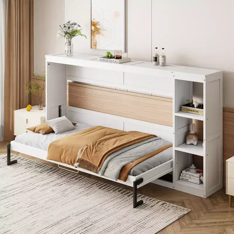 Whisen Twin-Size Murphy Bed with Built-In Bookshelf & Storage  Space-Saving, Sturdy LVL/MDF Design, No Box Spring Needed