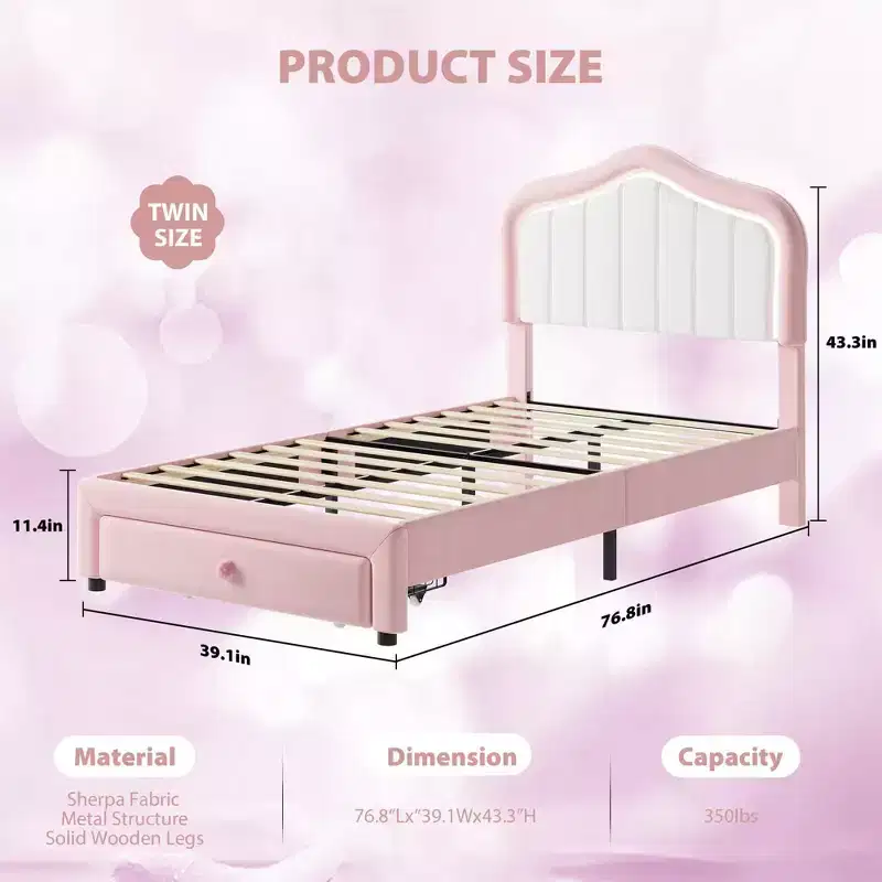 Coolmee Upholstered Bed Frame With Storage Drawer and Headboard, Princess Platform Bed Frames for Kids, Wooden Slats Support, No Box Spring Needed