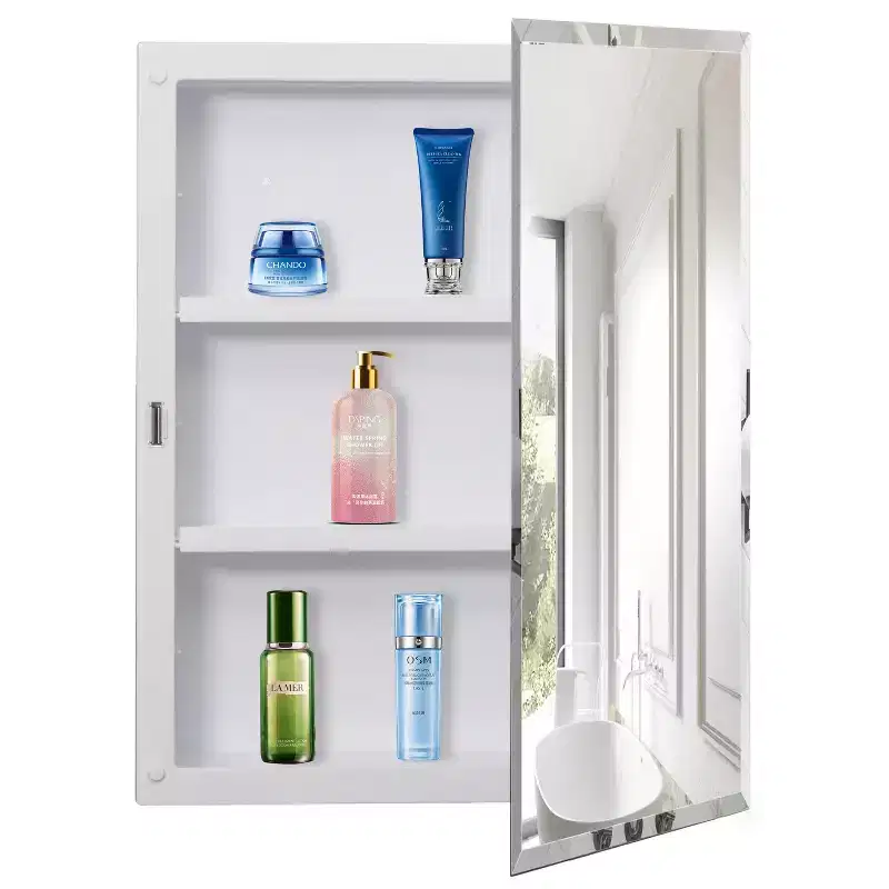 Basicwise Single Door Plastic Medicine Cabinet with Mirror, Surface or Recessed Mount, Bathroom Vanity Cabinet W/ 2 Adjustable Plastic Shelves, White