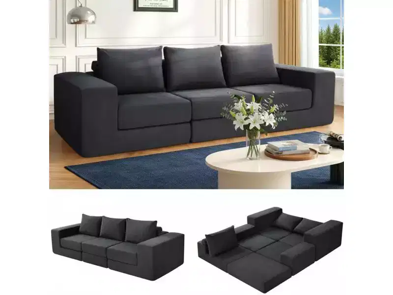 Homdox 110 3-Seat Cloud Sofa Bed w/Deep Seat & Non Slip Base, L-Shape Chaise for Living Room, No Assembly,