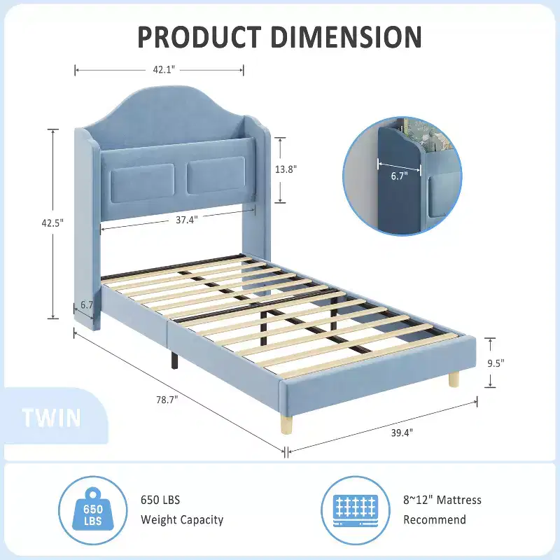 Kids Twin Bed Frame with Velvet Upholstery, Wingback Headboard, LED Lights & Storage Bookcase, Princess Style Twin Bed, No Box Spring Required