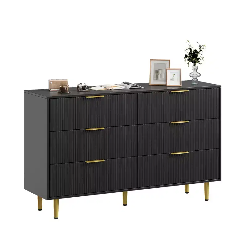 6-Drawer Modern Black Fluted Dresser, Wide Wooden Chest with Gold Metal Handles & Legs, Large Storage Organizer for Bedroom, Living Room & Entryway
