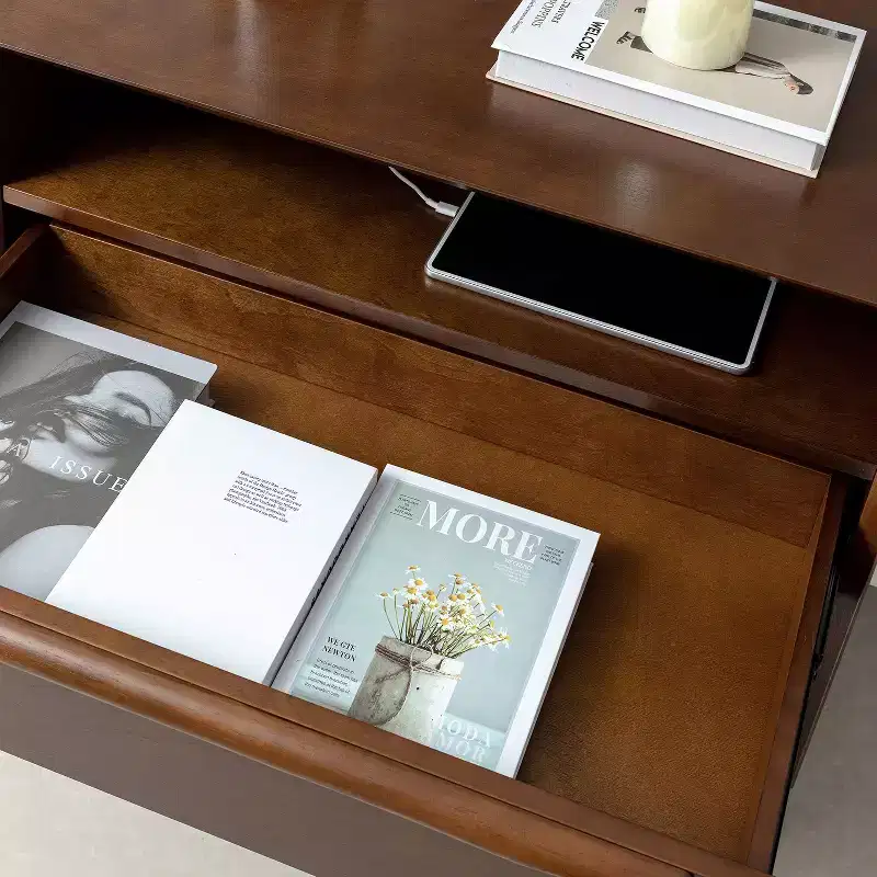 Margery Mid-century Modern 2 - Drawer end table with Built-In Outlets and Cable Management and Open Shelf | HULALA HOME