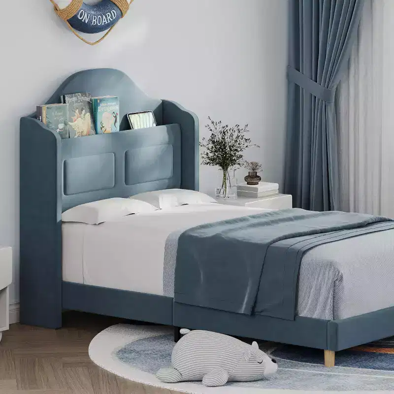 Twin Bed Frames for Kids/Girls, Wingback Velvet Platform Bed with LED Lights for Princess, Upholstered Storage Headboard, Wooden Slats Support, Blue