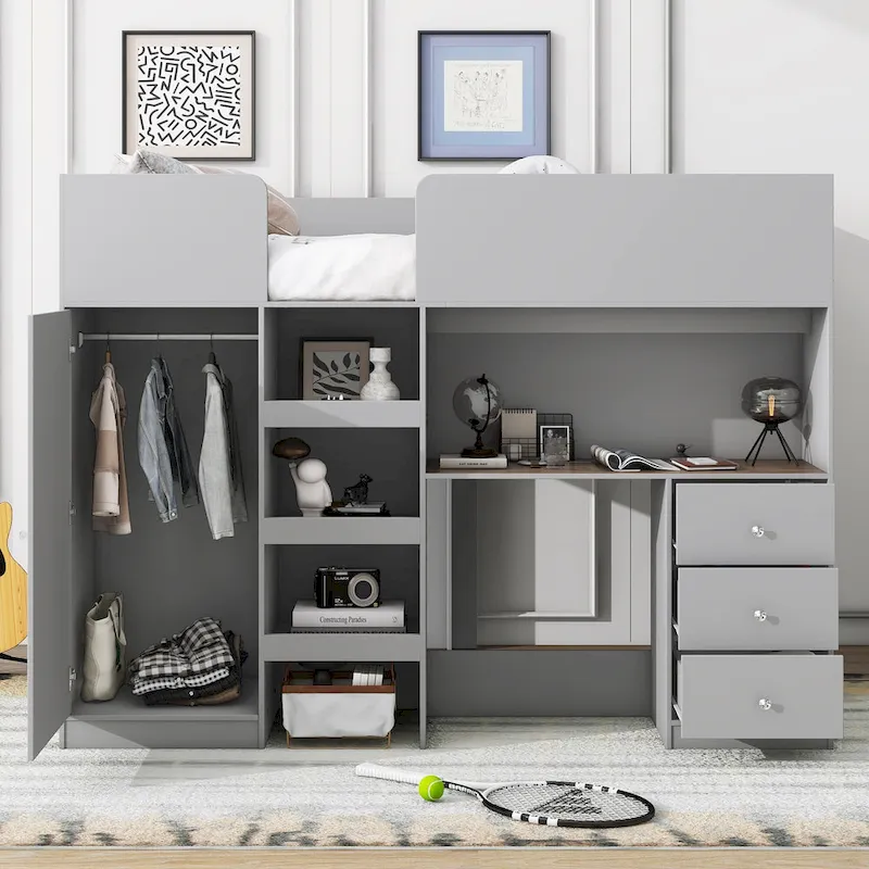 Grey Full Size Solid Wood Loft Bed with Wardrobe, Desk, and Shelves