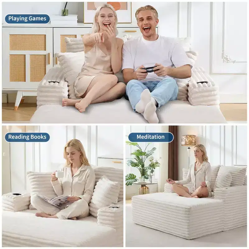 64 Oversized Chaise Lounge Chair, Upholstered Sleeper Sofa Bed with Cup Holders, Boneless Sleep Sofa Couch for Living Room, No Assembly