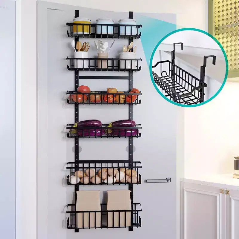 6-Tier Over The Door Pantry Organizer, Metal Door Hanging Spice Storage Rack Adjustable Hanging Door Organizer With Detachable Baskets for Kitchen